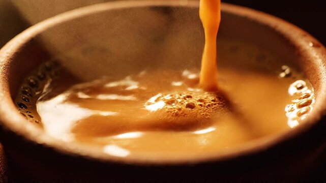 Ultra macro hot masala chai pouring into cup with cinematic steam, shallow focus. Indian beverage atmosphere for cafe food commercial, morning coffee drink. British warm golden tea surface tradition