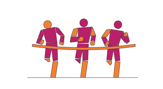 Stylized vector illustration of three runners crossing the finish line, symbolizing competition, success, achievement, and winning a race or challenge.