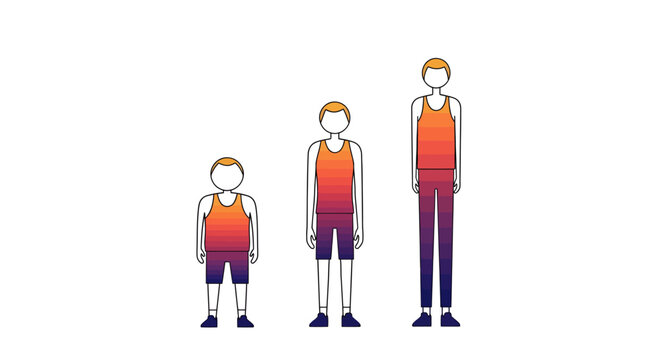 Three cartoon men in athletic wear showing different heights, representing growth and comparison