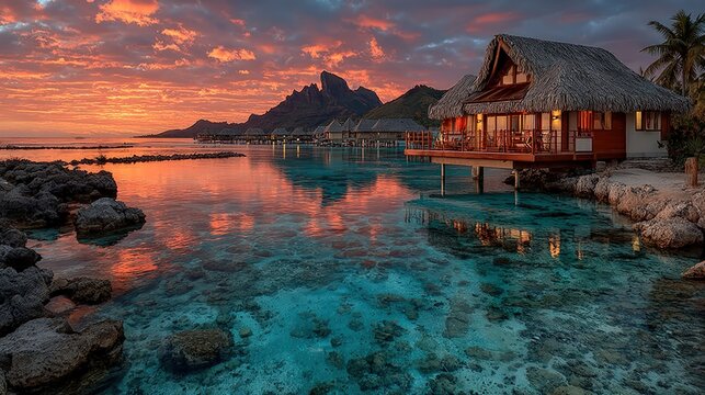Secluded thatched roof villa on stilts overlooking a calm tropical bay during a vibrant orange and purple sunset.