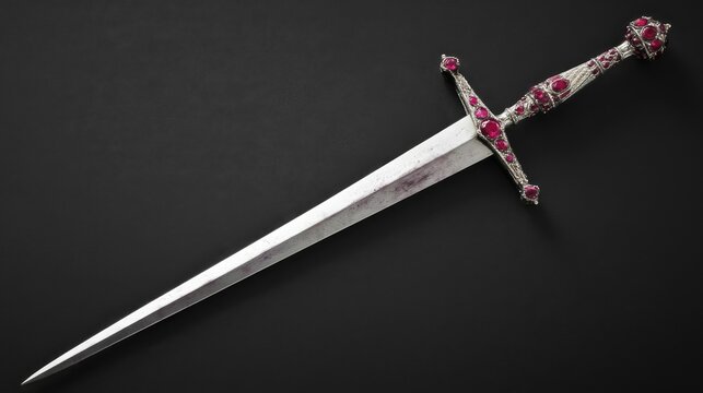 Ornate Ceremonial Sword with Ruby Gemstones on a Dark Background