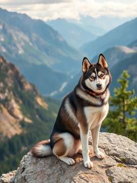 Siberian Husky sitting on rocky cliff overlooking mountains, rocky, huskies