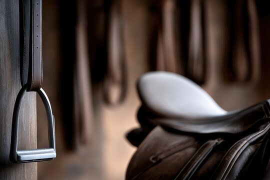 Close-up of a Leather Stirrup and Saddle in a Dimly Lit Equestrian Tack Room