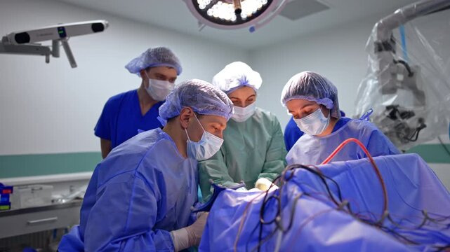 Surgical team of four performing neurosurgery under overhead lamp. Surgeons lean over draped patient, fourth stands behind, neuronavigation arm and microscope at sides.