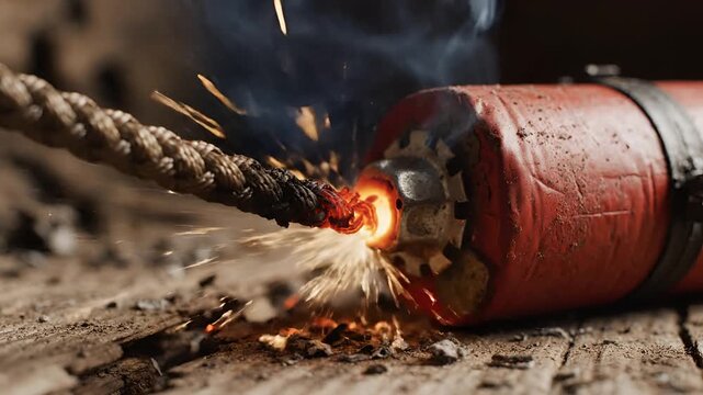 Dynamite fuse burning with sparks and smoke on wooden surface.