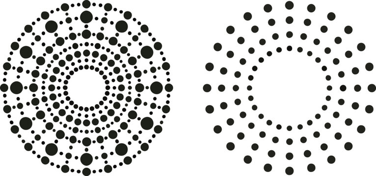 Black dots arranged in concentric circles on white background for graphic design and patterns