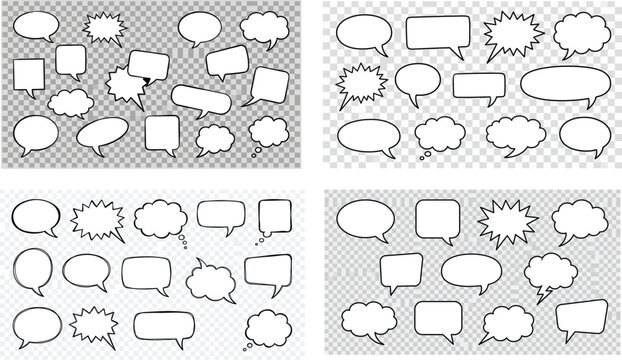 Collection of various speech bubbles and thought clouds for comics and cartoons isolated on transparent background