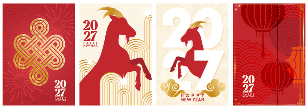 chinese new year 2027, year of the goat. vector abstract a4 posters set with symbols fire goat, asian lanterns, chinese cloud and coin, red background, fireworks in modern illustration