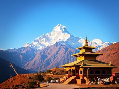 Peak majestic mountains far away at Muktinath temple in Mustang, Nepal, spiritual destination, misty valley