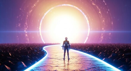 Fototapeta premium Woman standing on glowing path leading to portal. Futuristic explorer walking towards cosmic gate in alien landscape. Concept of discovery, adventure into unknown, and science fiction.
