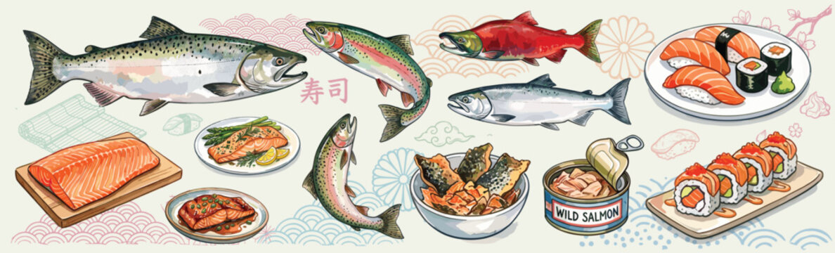 Set of sockeye salmon, coho, chum watercolor illustration isolated on white background.