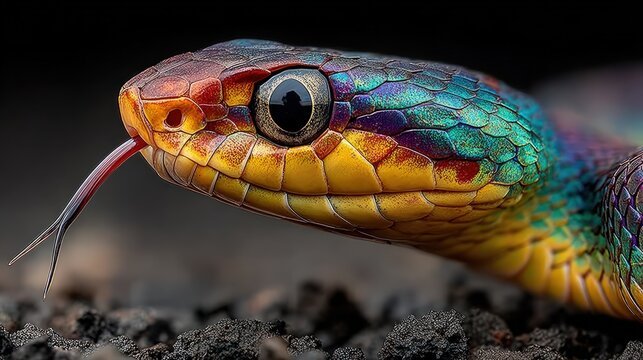 Side view profile of a vibrant multicolored snake head with detailed skin.