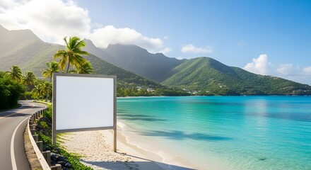 Virgin Islands Day Blank Billboard Mockup on Scenic Coastal Road Next to Ocean