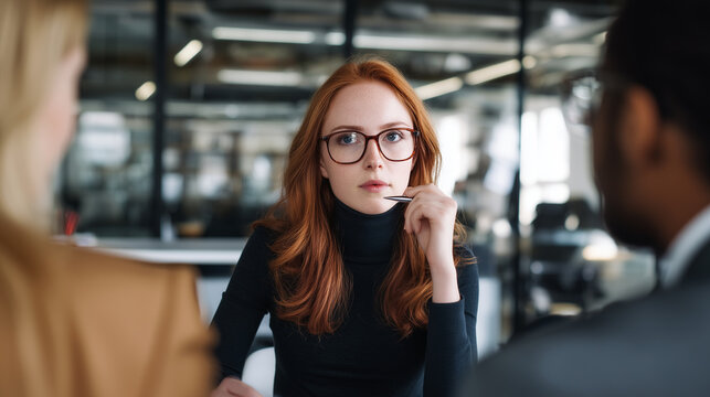 Red-haired female manager in glasses speaking during a business meeting, corporate leadership, professional office environment, teamwork and strategy discussion, modern workplace, copy space