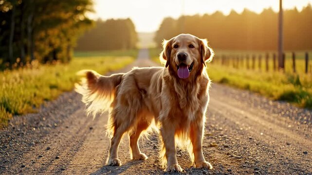 Golden Retriever standing on a rural gravel path.