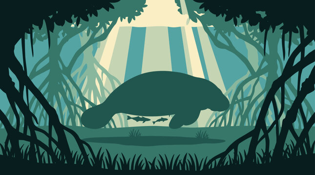 Majestic manatee gracefully glides through a sunlit mangrove sanctuary, an underwater oasis of life and tranquility