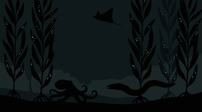 Glimpses into the enigmatic deep an octopus and eel navigate the serene, dark underwater world among ancient kelp