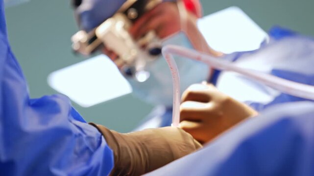 Surgeon hands with suction tube during spinal neurosurgical procedure. Close overhead view of gloved hands holding clear tube over sterile blue drapes, blurred microscope and surgeon in background.