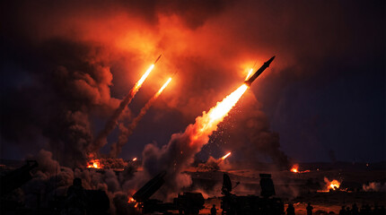 Obraz premium Missile Launch in Fiery Night Sky: Multiple missiles ascend into the dark sky, propelled by brilliant flames and smoke, illuminating the night with an intense display of power and destruction.