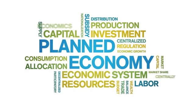 Planned Economy animated word cloud-text design animation tag kinetic typography seamless loop.
