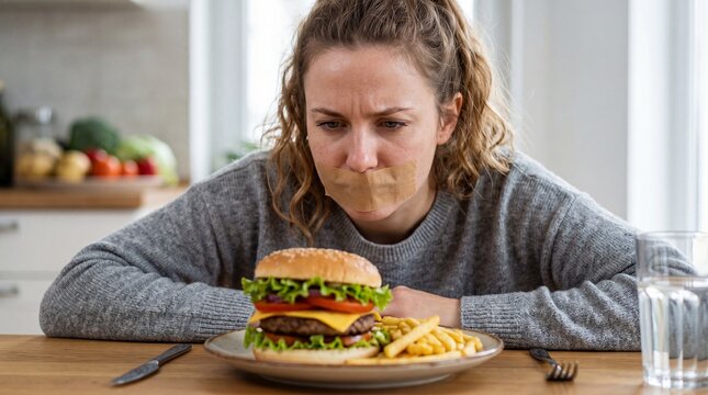 Diet Dilemma: A woman with her mouth taped sits dejectedly in front of a large, tempting burger and fries, representing the struggle of dieting and food cravings.
