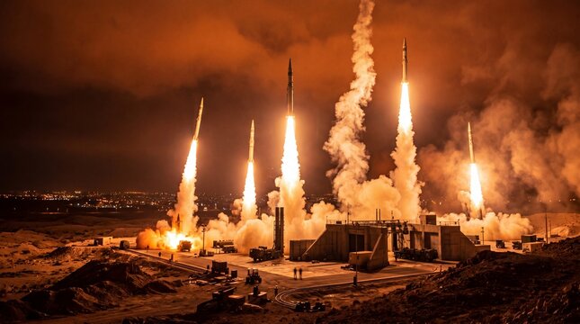 Missile Launch at Night: A dramatic night scene shows multiple missiles launching simultaneously from a military base, illuminating the sky with fiery plumes of smoke and light.