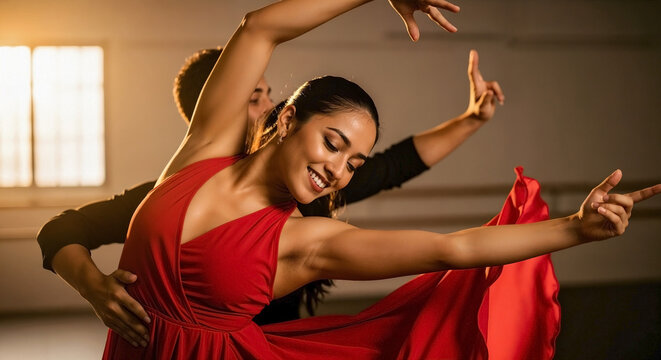 Young adult couple performs spirited salsa dancing, graceful movements in studio. Partners show passion, joy through synchronized steps for dynamic salsa dancing. Image promotes dance schools.