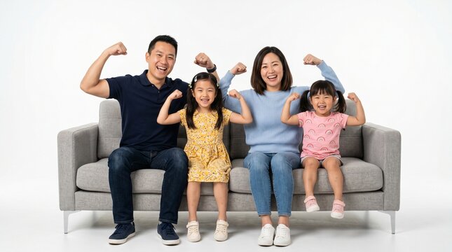 Strong Family Bonds: A cheerful Asian family of four, consisting of parents and two young daughters, sits on a sofa and flexes their biceps, radiating strength and togetherness.