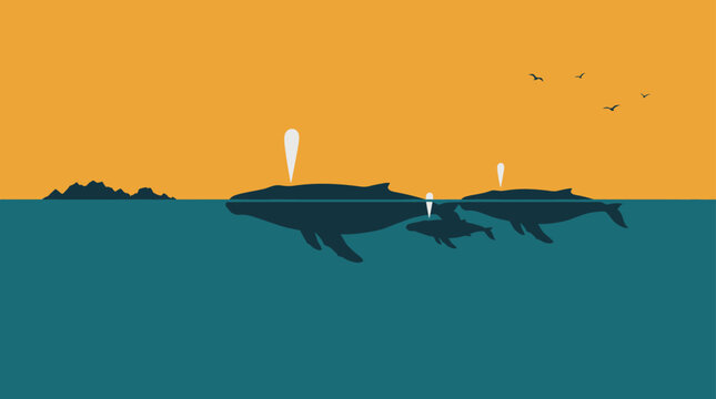 A serene journey Majestic whale family spouting gracefully across tranquil ocean waters at sunset