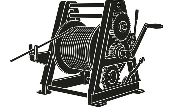 Manual winch with cable and gears black silhouette on white background