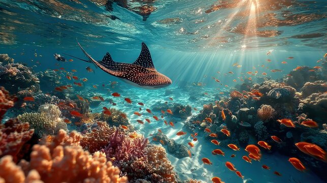 Spotted eagle ray swimming over a colorful coral reef in clear blue ocean water.