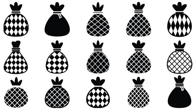 Money Bag and Gift Sack Black Silhouette Icon Set with Plaid Checkered Patterns for Finance, Shopping and Holiday Design