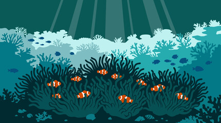 Fototapeta premium Enchanting illustration of a vibrant underwater world, featuring playful clownfish nestled within colorful sea anemones and sunlit coral reefs