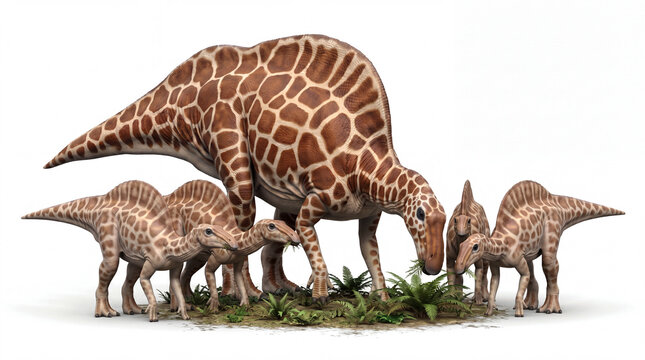 Ouranosaurus nigeriensis adults and juveniles feeding on low vegetation together, displaying natural family herd foraging behavior and accurate anatomy in a detailed scientific paleontological reconst