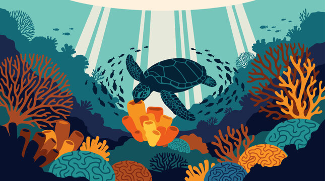Majestic sea turtle gracefully swims through a vibrant coral reef, bathed in radiant sunlight within a lively marine ecosystem