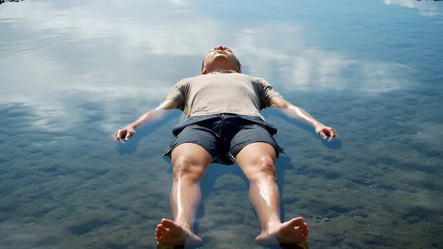 Floating man over calm lake water, relaxed summer floating pose with clear water and peaceful outdoor rest
