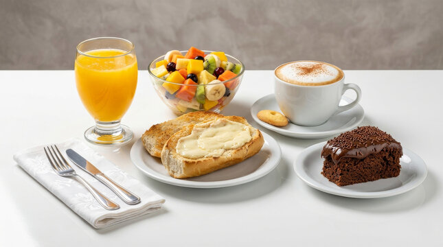 A full breakfast with toasted bread with cream cheese, cappuccino, chocolate cake, fruit salad, and orange juice on a white table.