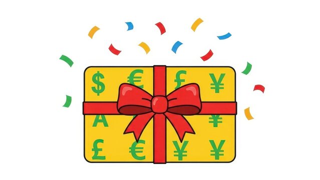 Gift Box with Currency Symbols and Confetti.
