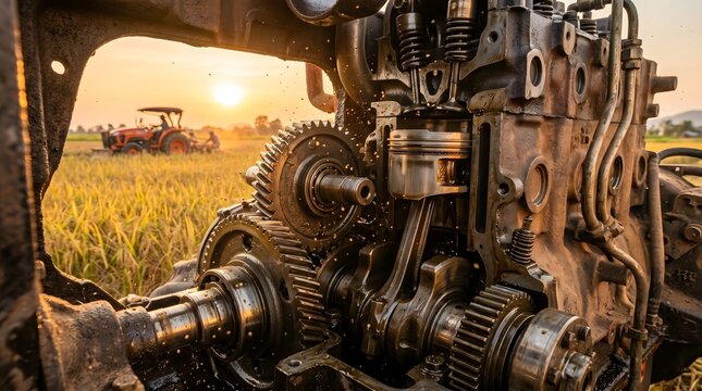 Internal mechanics of a thai tractor engine cross section in a rice field at sunset, agricultural machinery engineering.