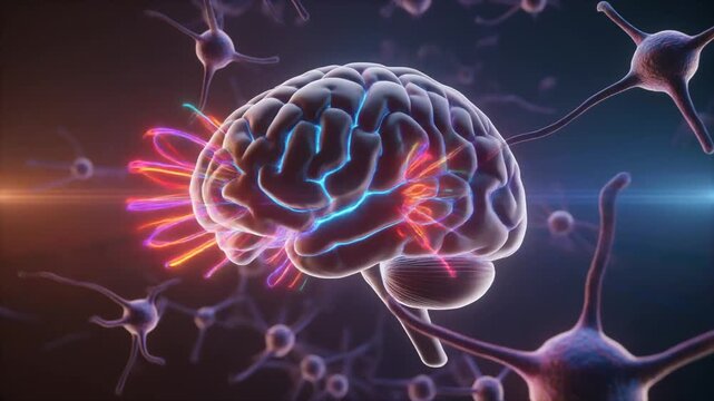 "Stylized glowing brain with neural pathways and surrounding neurons, symbolizing cognition, electrical activity, and interconnected nervous system in futuristic digital visualization."