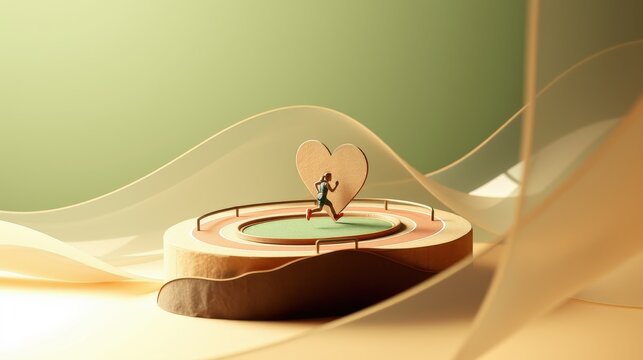 Minimalist scene depicts runner circling heartshaped track atop pedestal. Soft lighting creates dreamy atmosphere. Abstract waves surround structure.