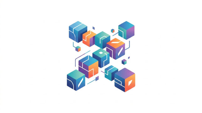 Abstract digital cubes connected in a network structure.