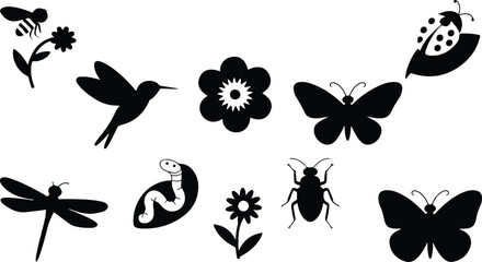 Spring garden wildlife black graphic element collection isolated on white background containing flying bugs floral silhouettes and botanical wildlife icons. © Mehg