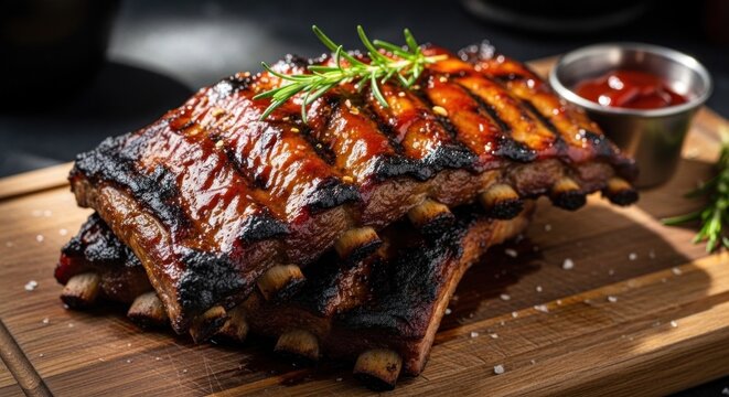 A delicious grilled rib on a wooden cutting board with a side of ketchup.