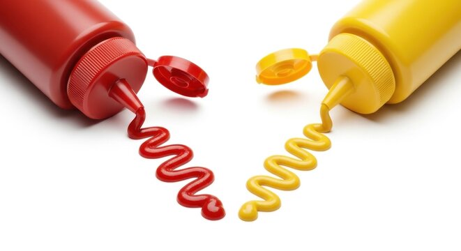Two open condiment bottles with red and yellow sauces, one with a red cap and the other with a yellow cap, on a white background with a white background.