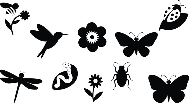 Spring garden wildlife black graphic element collection isolated on white background containing flying bugs floral silhouettes and botanical wildlife icons.