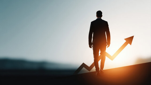 A silhouetted businessman stands atop a glowing rising financial graph at sunrise. Dramatic lighting and reflections highlight financial success and visionary leadership.