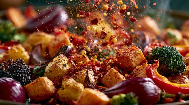 Macro shot of spices falling onto roasted vegetables, vibrant color explosion, dynamic food styling