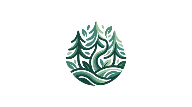 Abstract forest logo with pine trees and leaves in a water drop shape.