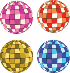 Obraz premium 4 retro disco balls vector icons set collection in red, pink, blue and gold. For retro posters, celebration, parties and invitations
